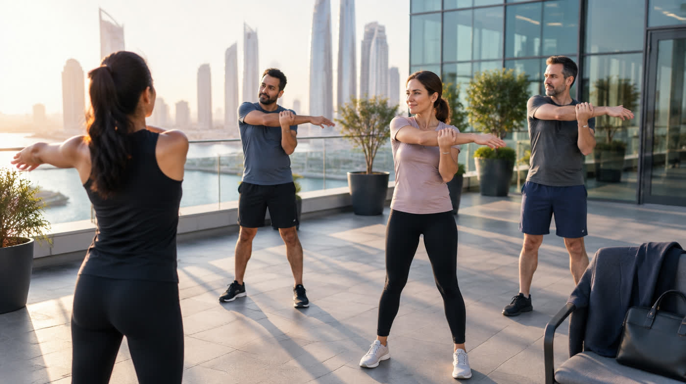 Small-group corporate wellness session on an office terrace in Abu Dhabi, led by a BYLDUP coach before the working day